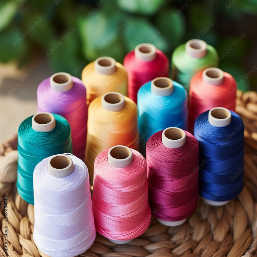 Threads for sewing or knitting, are organized by color and ready to be sold Threads for sewing or knitting, are organized by color and ready to be sold