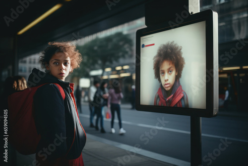 A young traveler at a bustling city bus stop, holding a sign with their intended destination. Generative Ai