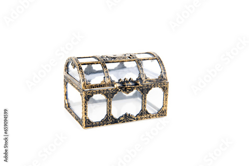 Small gold and glass treasure chest isolated over white angled view