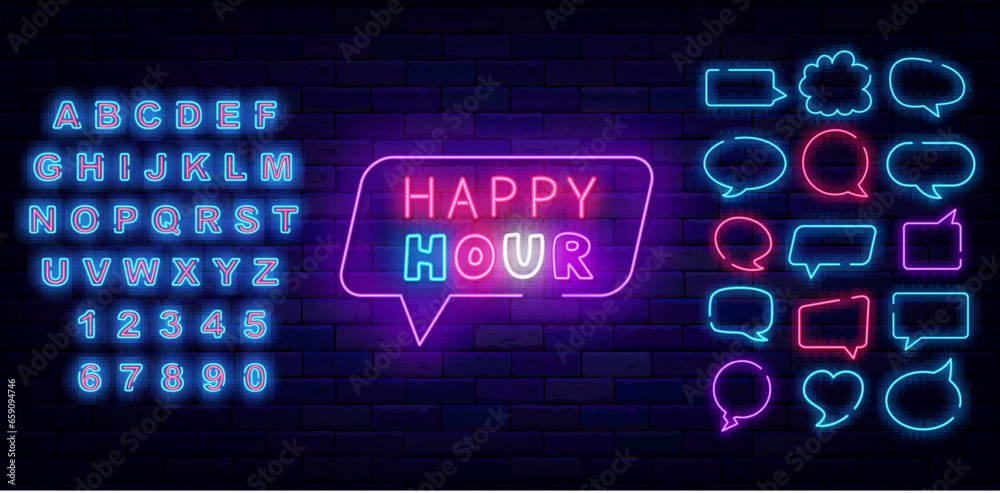 Happy hour neon label. Discount for food market. Speech bubbles frames set. Vector stock illustration Happy hour neon label. Discount for food market. Speech bubbles frames set. Vector stock illustration