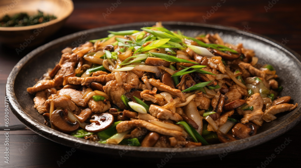 Moo shu pork sliced pork stir fried with vegetables and egg Moo shu pork sliced pork stir fried with vegetables and egg