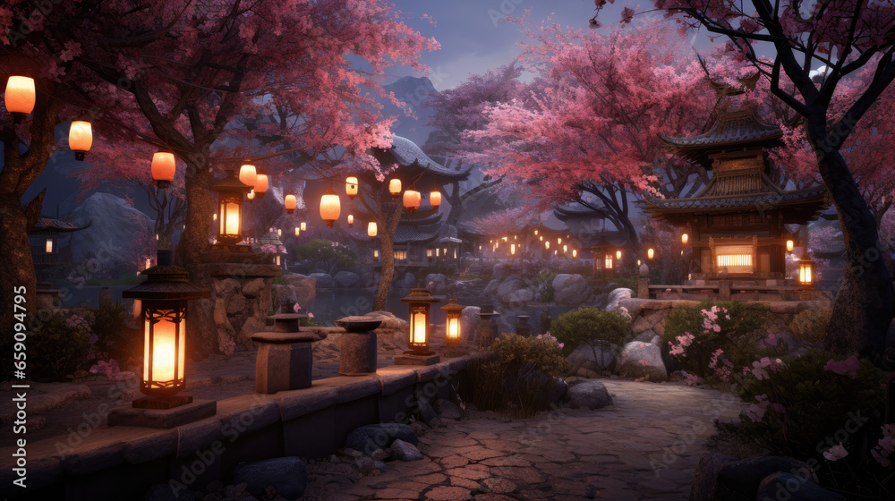 cherry blossom garden with old lanterns