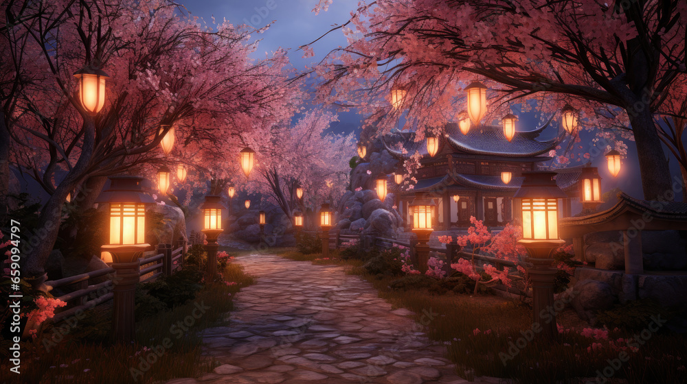 cherry blossom garden with old lanterns