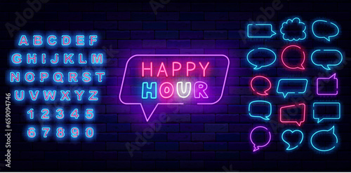Happy hour neon label. Discount for food market. Speech bubbles frames set. Vector stock illustration