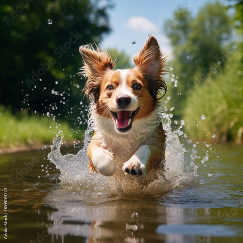 Happy dog runs in the lake on a sunny day