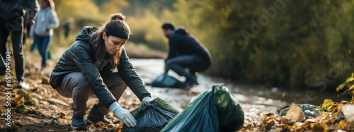 young woman picking trash on side of river