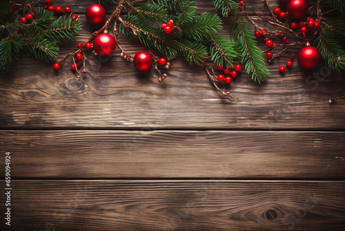 Top view of rustic wooden surface surrounded by fir branches and christmas decoration with copy space for congratulatory inscription.