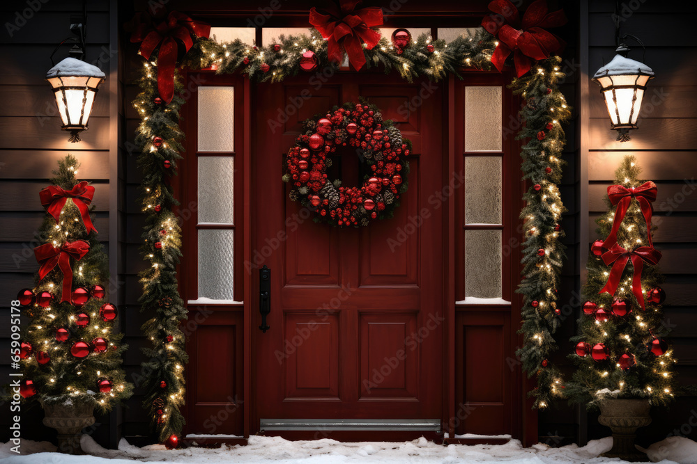 A decorated house door for the holiday season A decorated house door for the holiday season