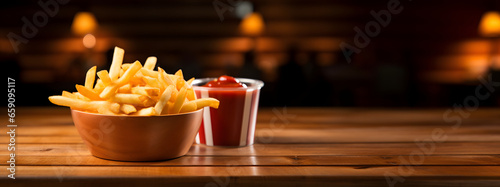 french fries, french-fried potatoes, finger chips, or simply fries with ketchup on a wooden table, Free space for text