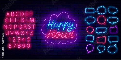 Happy hour neon lettering sign. Think cloud frames collection. Discount for food market. Vector stock illustration