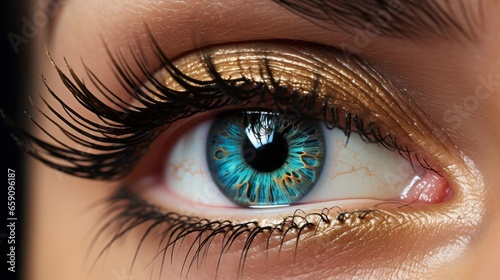 Captivating Macro Shot: A stunningly detailed close-up of a very light blue eye adorned with long black eyelashes and exquisite gold eyeshadow. Created with generative AI technology photo