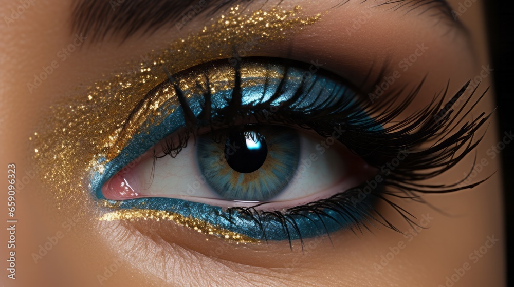 Captivating Macro Shot: A stunningly detailed close-up of a very light blue eye adorned with long black eyelashes and exquisite gold and gold eyeshadow. Created with generative AI technology Captivating Macro Shot: A stunningly detailed close-up of a very light blue eye adorned with long black eyelashes and exquisite gold and gold eyeshadow. Created with generative AI technology