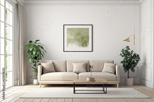 Bring the outdoors in with green potted plants and a white couch in this stylish modern living room, featuring a mockup frame on the wall. AI Generative.