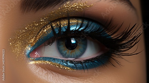 Captivating Macro Shot: A stunningly detailed close-up of a very light blue eye adorned with long black eyelashes and exquisite gold and gold eyeshadow. Created with generative AI technology