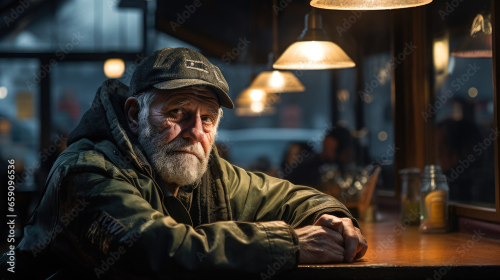 old fisherman setting in bar with green hoodie