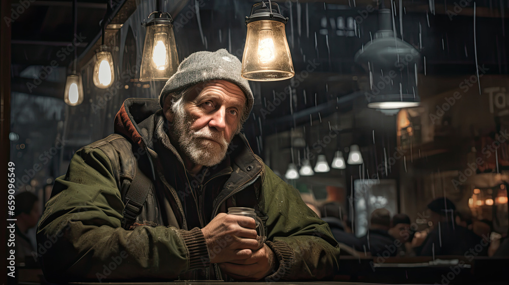 old fisherman setting in bar with green hoodie