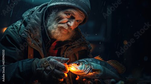 old fisherman with fish in a hood