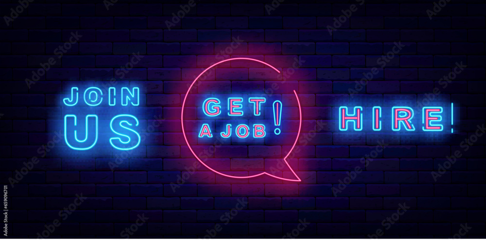 Free vacancy neon labels collection. Hire, join us and get a job. Job searching design. Vector stock illustration Free vacancy neon labels collection. Hire, join us and get a job. Job searching design. Vector stock illustration