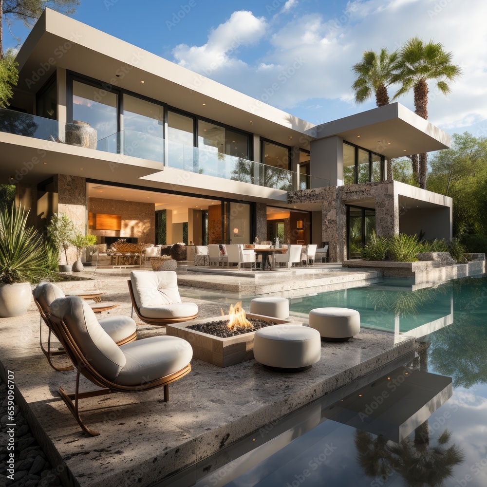 Soft armchairs and a fire pit located near the pool in the courtyard of an expensive villa in a modern minimalist style on a sunny day