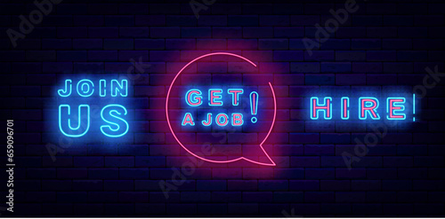 Free vacancy neon labels collection. Hire, join us and get a job. Job searching design. Vector stock illustration