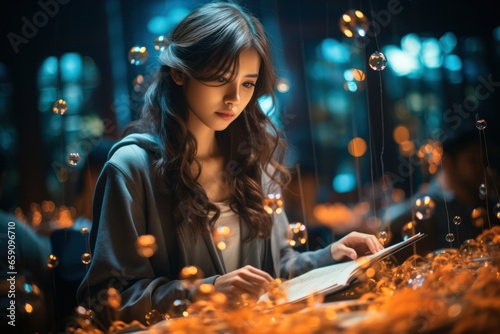 young woman in a magical dreamland using a book. imagination and fantasies.  photo