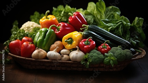 Fresh vegetables in wooden tray. Healthy food ingredients. Organic farmer vegetables. Top view. AI