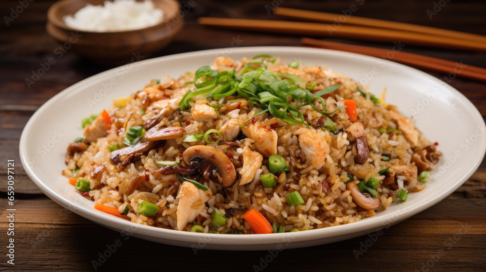 Fried rice with chicken vegetable and mushrooms Fried rice with chicken vegetable and mushrooms