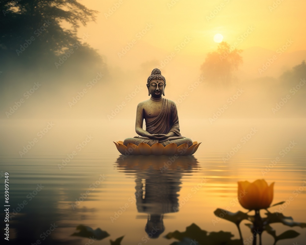 Buddha is sitting on a lotus over a lake.