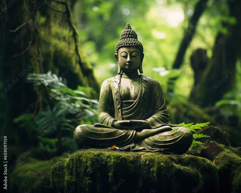 Buddha statue in the jungle is a buddhism religion.