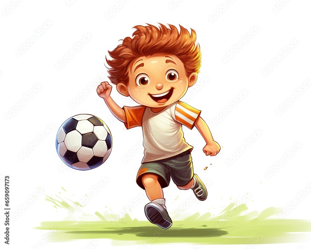 cartoon character is playing with a soccer ball on a white background.