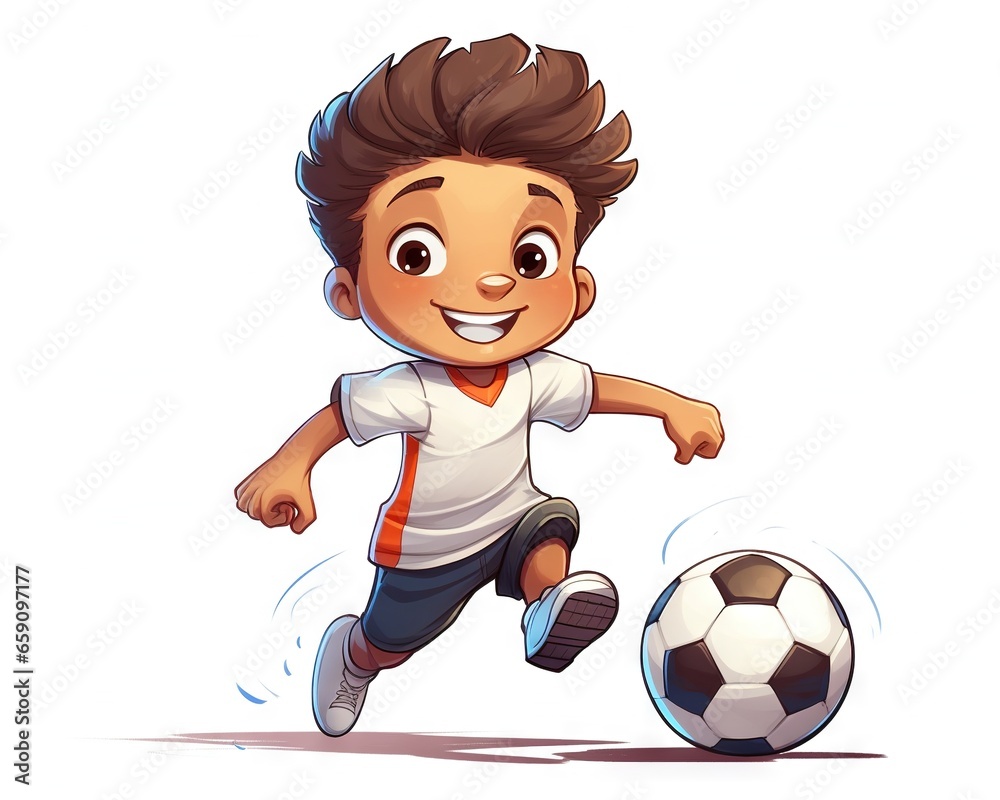 cartoon character is playing with a soccer ball on a white background.