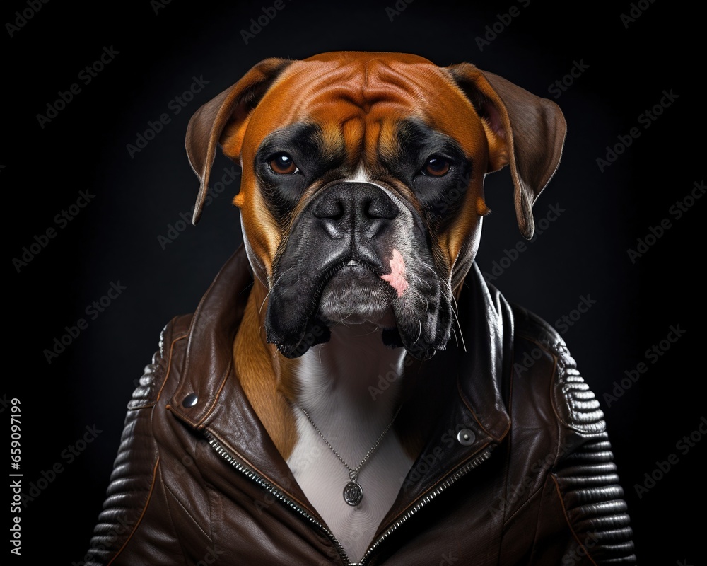 The Boxer dog musician in the studio is wearing a leather jacket.