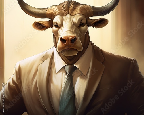 big bull with horns in a business suit. © Nipon