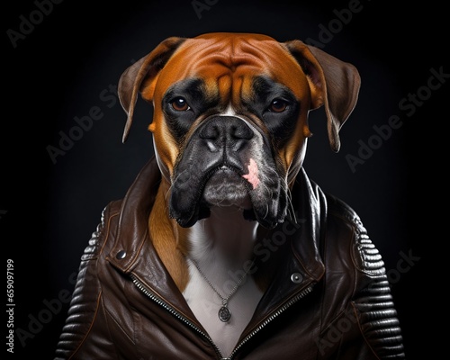 The Boxer dog musician in the studio is wearing a leather jacket.