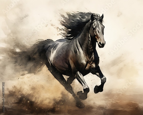 Black stallion galloping Beautiful horse kicking up dust.