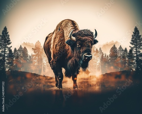 Double exposure bison and wild nature.