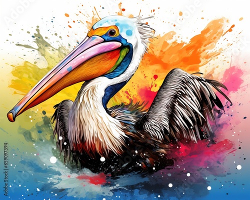 big colorful pelican splashing in the water. photo