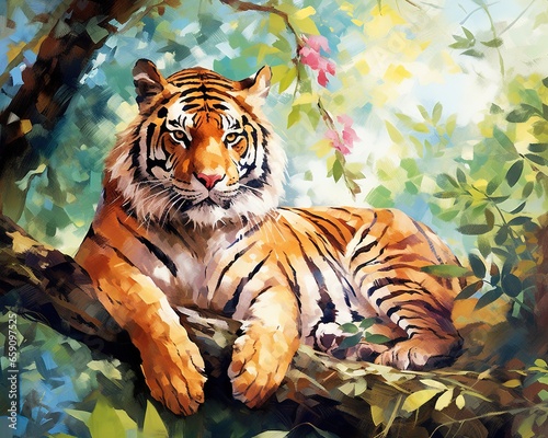 tiger rests in the trees in the forest.