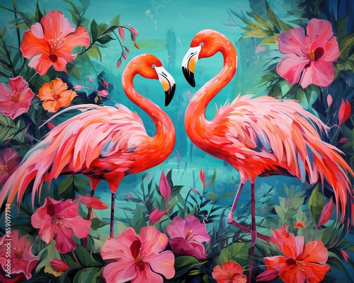 an emotional piece of flowers and flamingos.