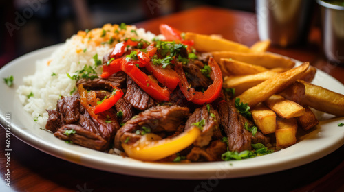 Lomo saltado stir fry marinated strip with onions, tomatoes, French fries served with rice