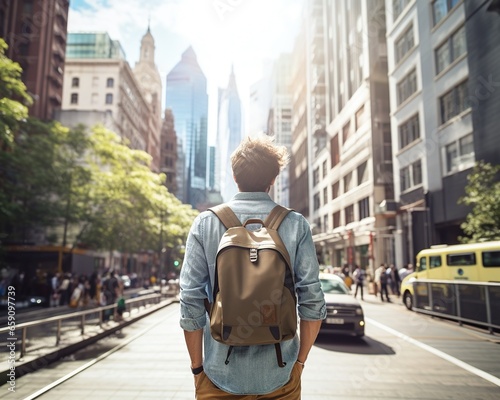 The back view of a traveler with a backpack in the city.