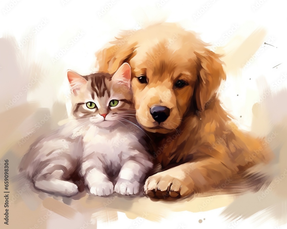 friendship between a cute puppy and a cat.