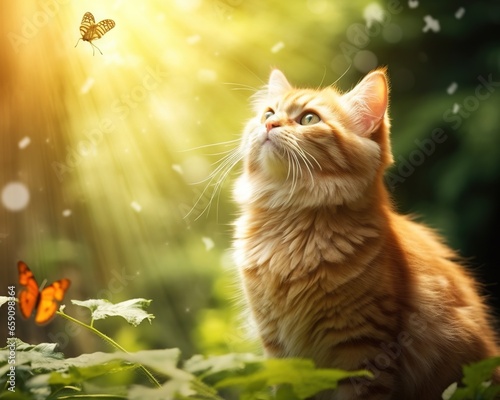 The fluffy cat is watching a flying orange butterfly.