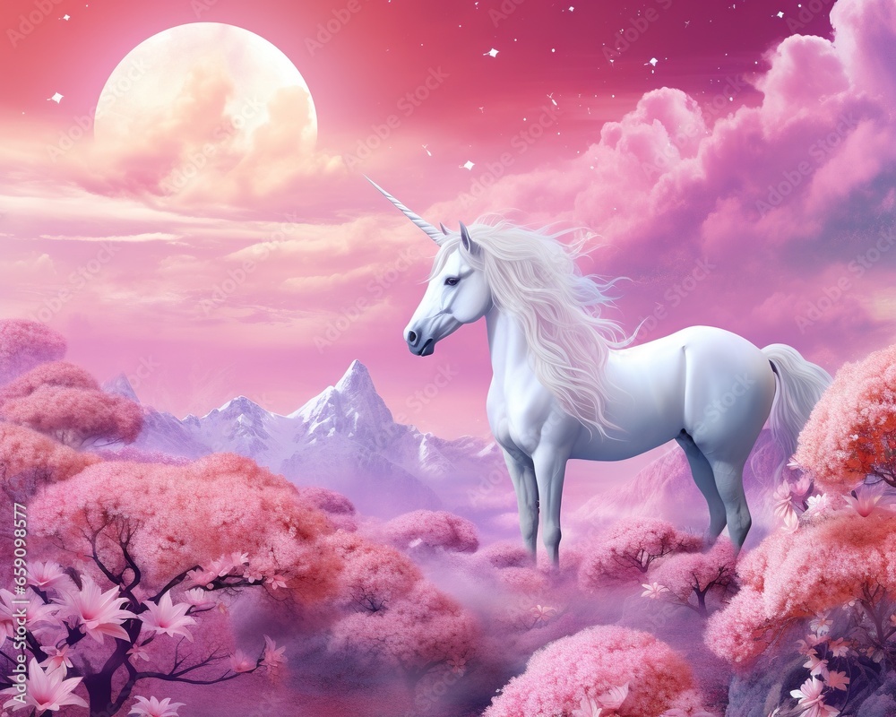 Fototapeta premium white unicorn is riding in a pink landscape with a mountn and big moon.