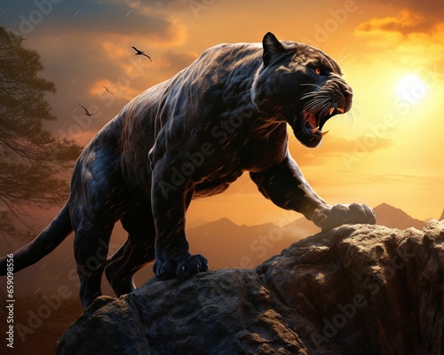 black panther is standing on top of a rock in the jungle.