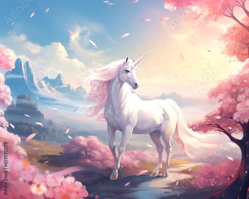white unicorn is riding in a pink landscape with a mountn and big moon.
