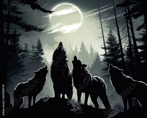 pack of gray wild wolves howls at the moon.