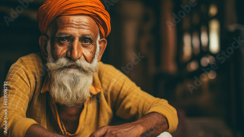 Indian old man with yellow shirt and orange turbans