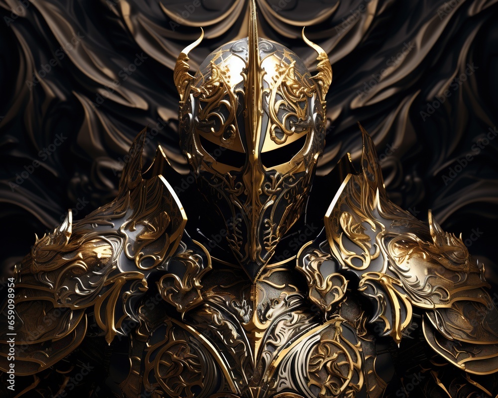 fantasy knight in golden armor is a dark fantasy background. - obrazy, fototapety, plakaty 