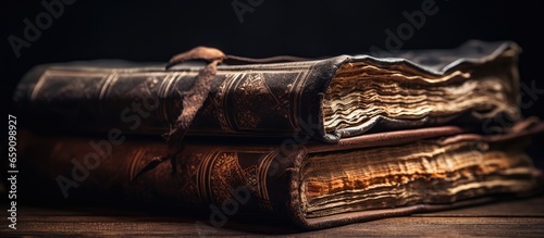 Old Jewish books with worn leather binding and a blurred open Torah in the dark background Closeup view with selective focus photo
